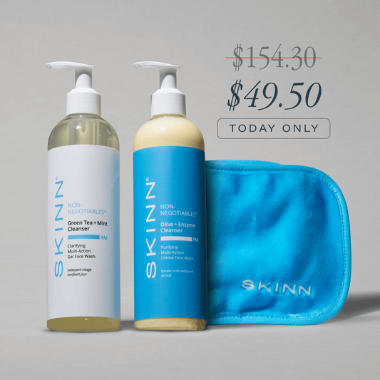 SKINN AM + PM Cleanser 12 oz Duo with New Reusable Makeup Towel